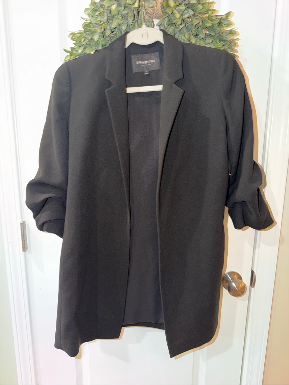 Lafayette 148 New York Black Open-Front Blazer with Ruched Sleeves